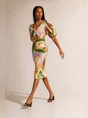 ROTATE Cara Midi Dress Watercolor Cutout Bodycon Party
